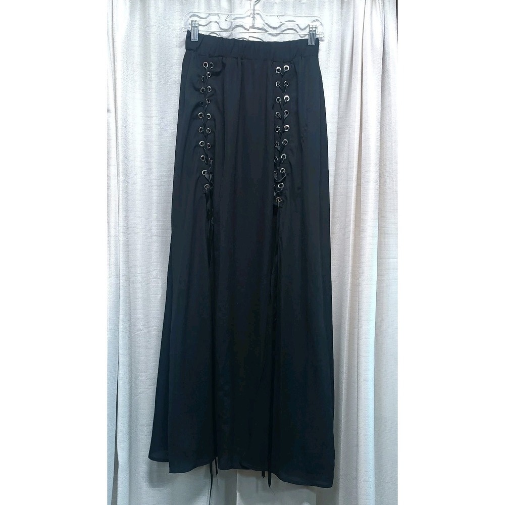 Dressfo Women's Size 8/L Black Lace Tie Grommet Gothic Grunge Long‎ Maxi Skirt